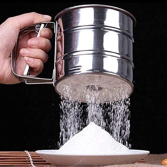 Flour Sifter -Baking Stainless Steel Shaker Sieve Cup Manual Flour Sifter with Measuring Scale Mark for Flour Icing Sugar